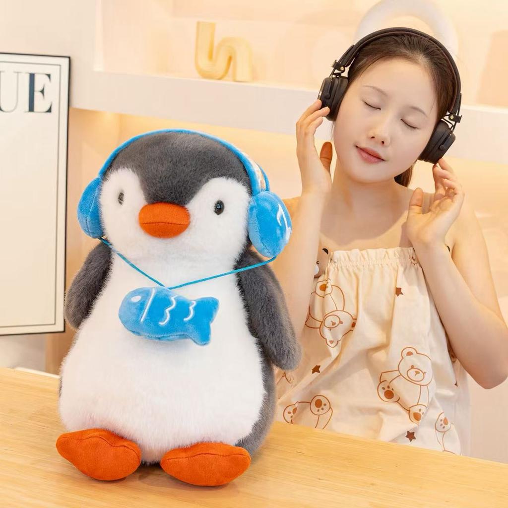 25/35cm New Simulation Penguin Doll with Headphones Plush Toy Cartoon Anime Cute Pillow for Children's Birthday Gift Fun Doll