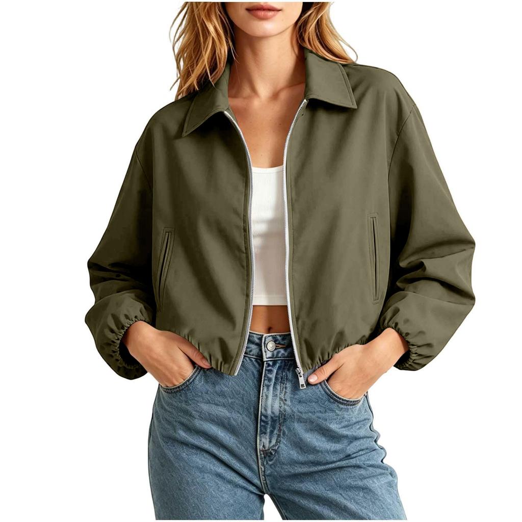 Women's Fashion Short Loose Fit Puffy Zipper Long Sleeve Jacket Outerwear