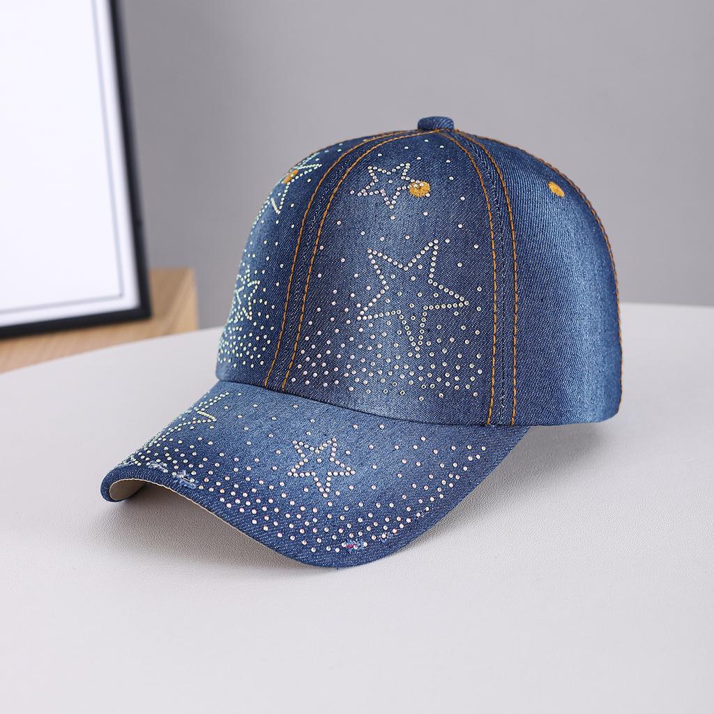 Vintage Chic Star-Shaped Rhinestone Five-Pointed Star Denim Distressed Baseball Cap - Suitable for Beach Vacation