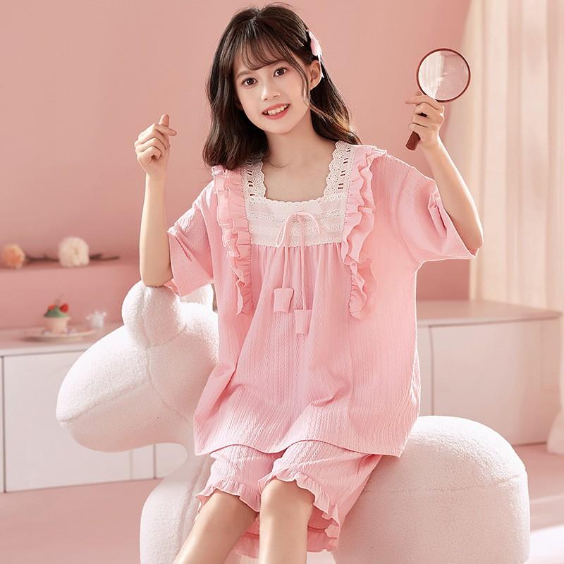 Girls Cotton Pajama Set Short Sleeve Princess Style Sleepwear Kids 8 Years Lightweight Home Wear