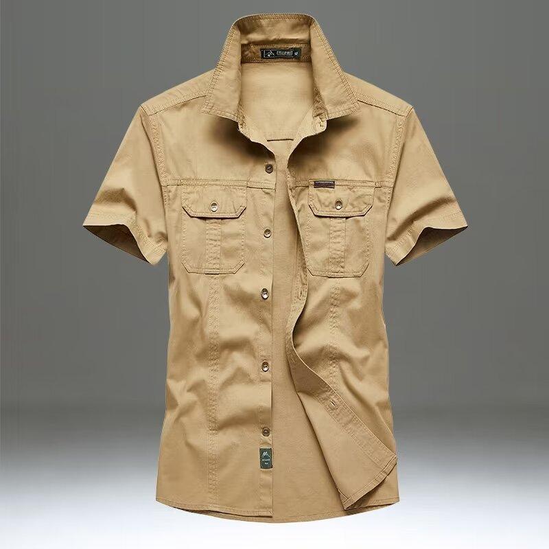Men Multi Pockets Tooling Shirts Summer Short Sleeve Shirts High Quality Men Cotton Casual Shirts Size 5XL
