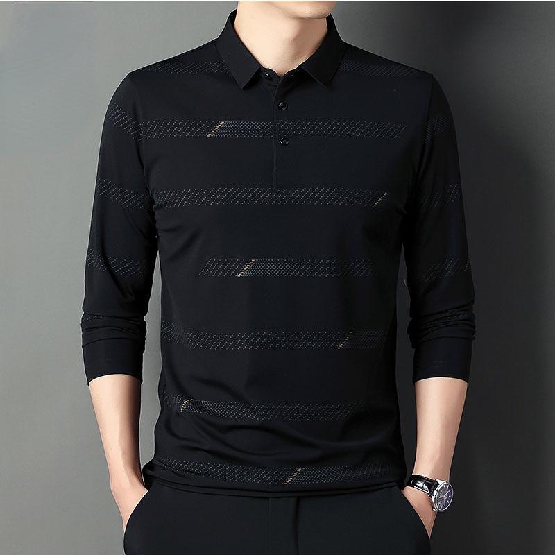 

Модные мужские хлопковые поло с длинным рукавом в полоску Весна Осень Новые корейские повседневные мужские рубашки с отложным воротником Свободные уличные топы 2023 L чёрный