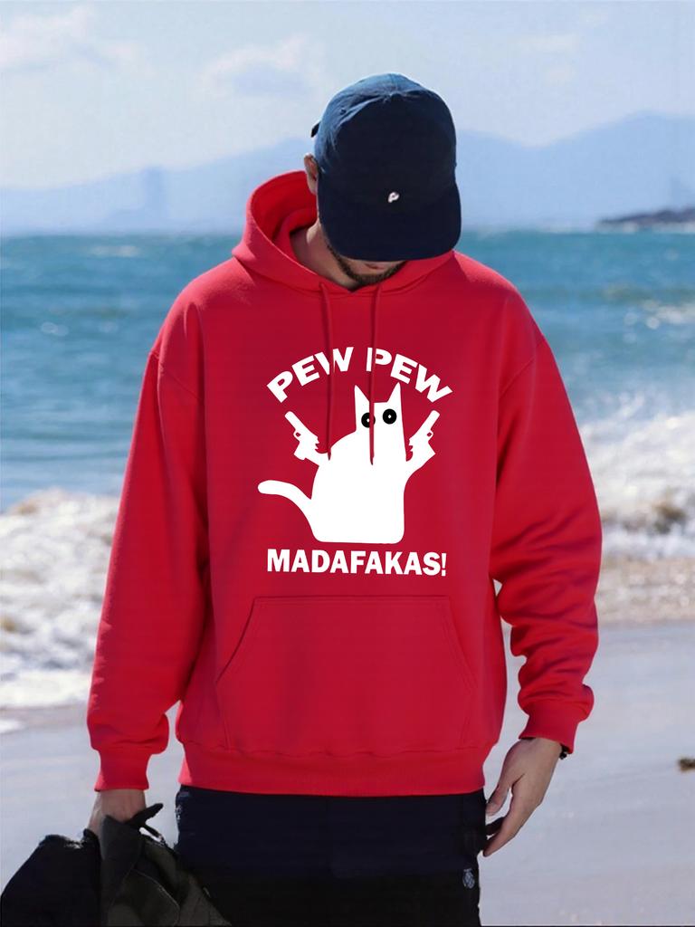 Pew Pew Madafakas Cat Holding A Gun Printed Men Hoodies Loose Loose Hoody Autumn Fleece Streetwear All-Match Pocket Pullovers