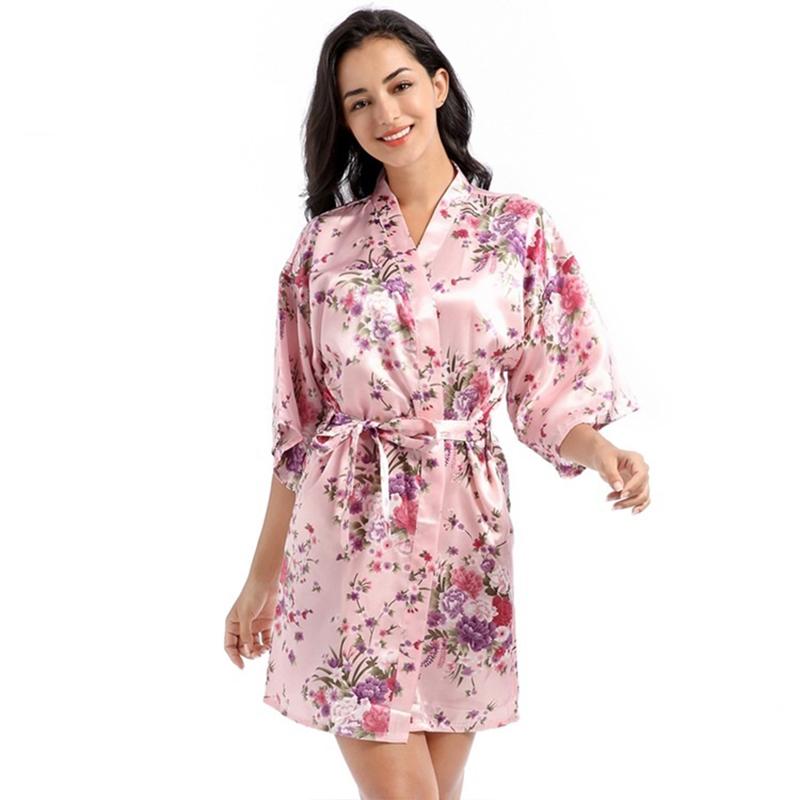 Women's Floral Bride Bridesmaids Robe Satin Wedding Kimono Bridal Dressing Gown Sleepwear