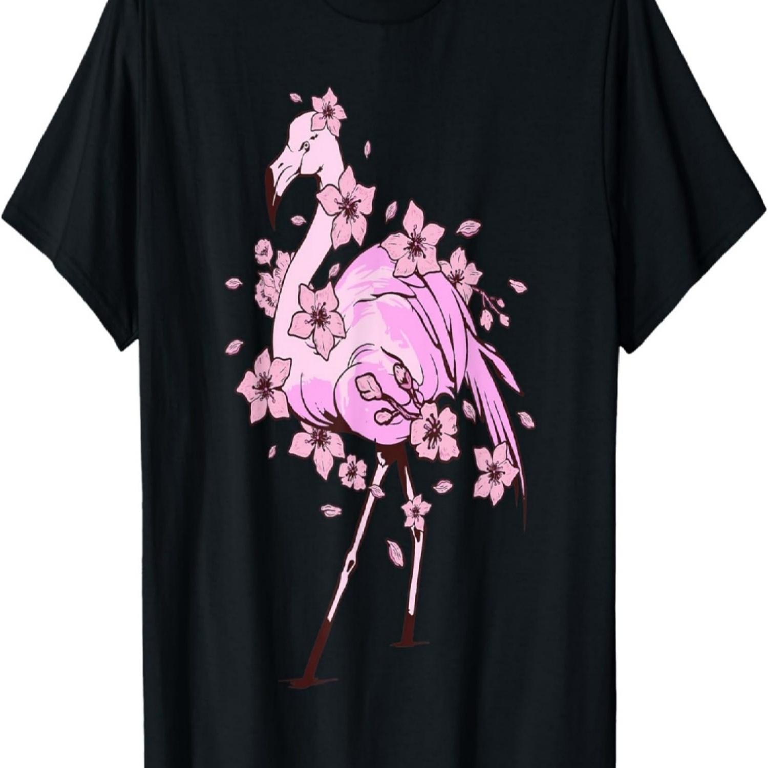 Футболка с фламинго, розовым фламинго, цветущей вишней и сакурой(1) S чёрный