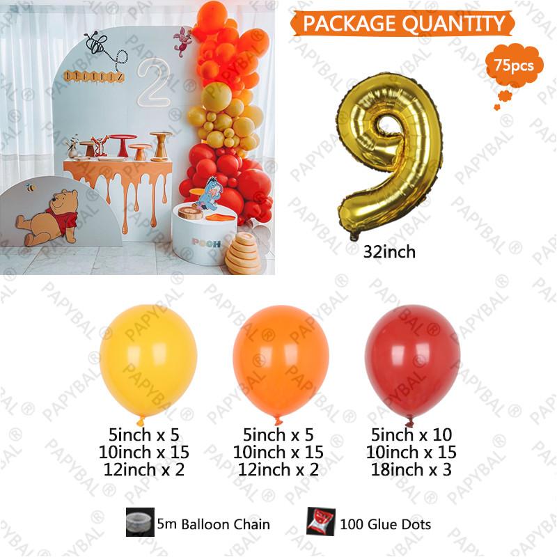 75PCS Yellow Honey Winnie the Pooh Theme 32inch Gold Number Kids Birthday Party Decor Gift Baby Shower Garland Arch Kit Globos