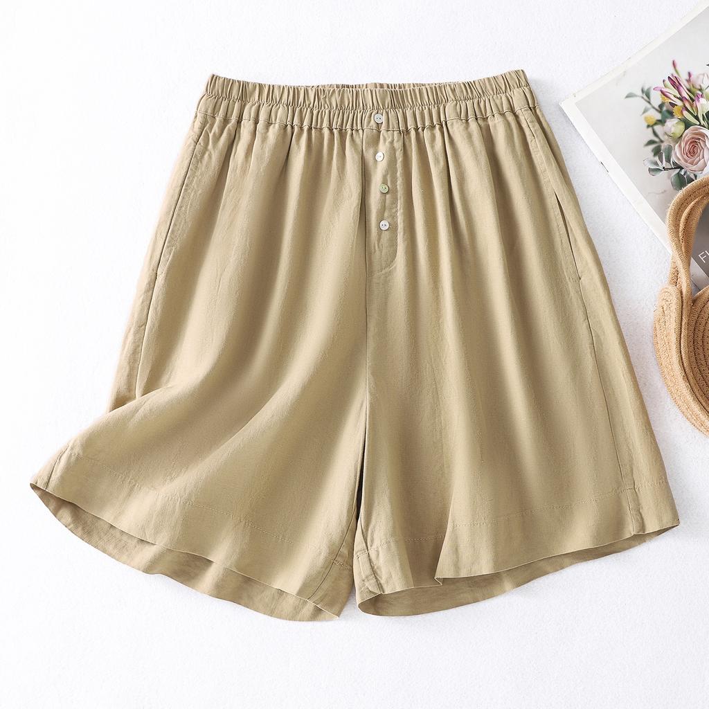 Literary and retro solid color elastic waist versatile casual shorts for women's 2025 summer new age-reducing and thin three-point wide-leg pants