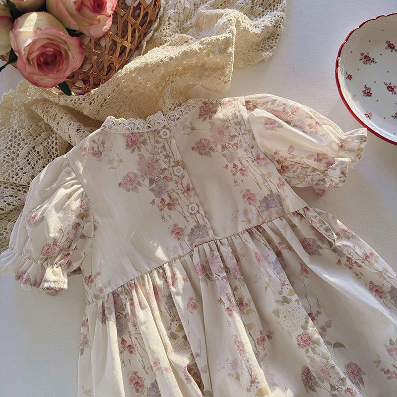 French Floral Square Neck Lace Dress for Girls - Summer 2026, Short Sleeves, Korean Style