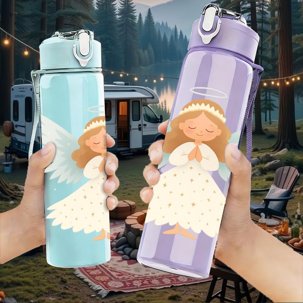 1PC White Angel Wings Figure 750ml Color Plastic Sports Water Bottle Leakproof Flip Straw Lid Suitable for Sports Office Home Use