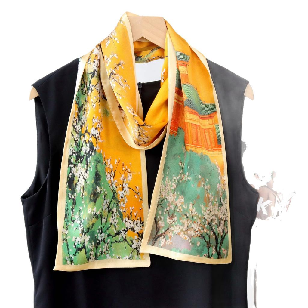 Palace Wall White Plum National Tide Chinese Ancient Style Hangzhou Silk Scarf Mulberry Silk Women Hangzhou Silk Double Silk Long Scarf Scarf