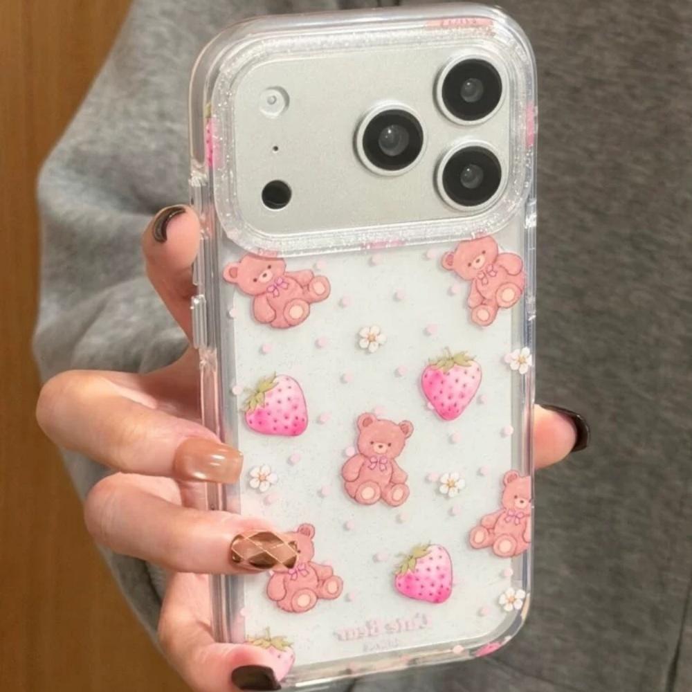 

Korean pink polka dot strawberry bear is suitable for Apple 17promax mobile phone case iphone16pro new 15 transparent 14 airbag double layer 13 women iPhone 17promax