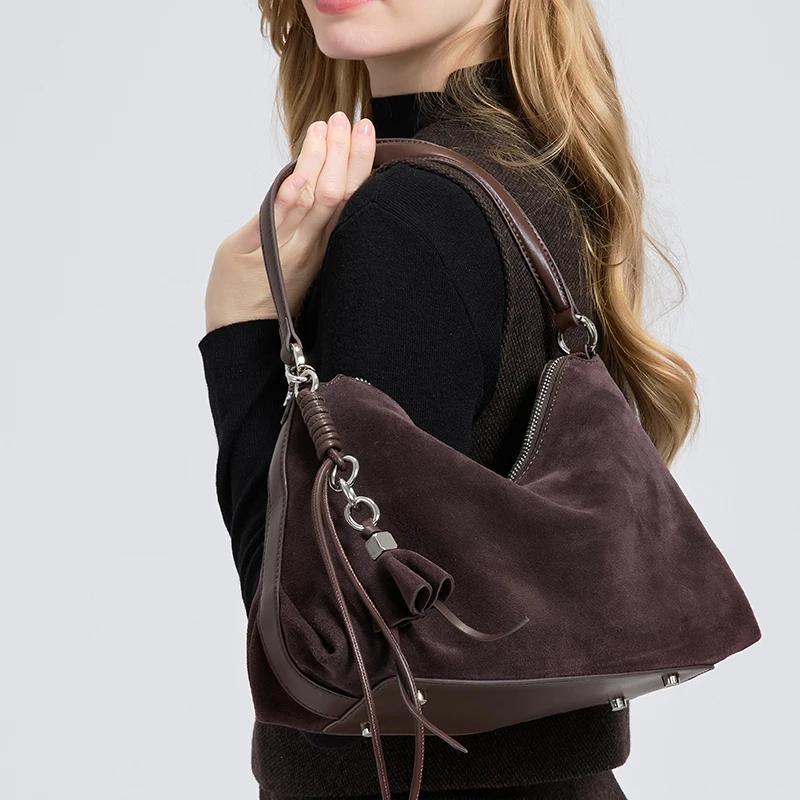 Retro Frosted Genuine Leather Handbag 2026 Winter Women's Natural Suede Leather Shoulder Bag Large Capacity Commuter Tote Bag