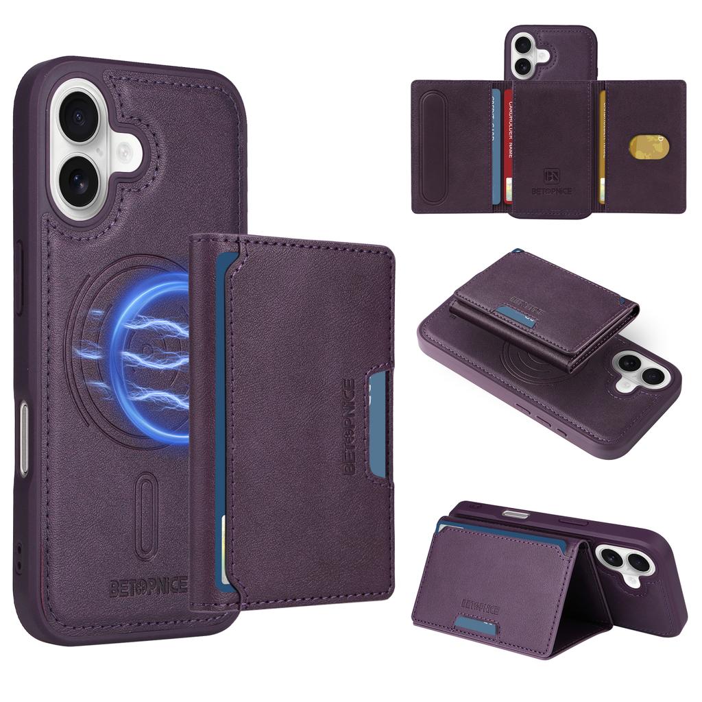 For iPhone 16 Magnetic Case BETOPNICE Leather Phone Cover Kickstand with Detachable Card Bag