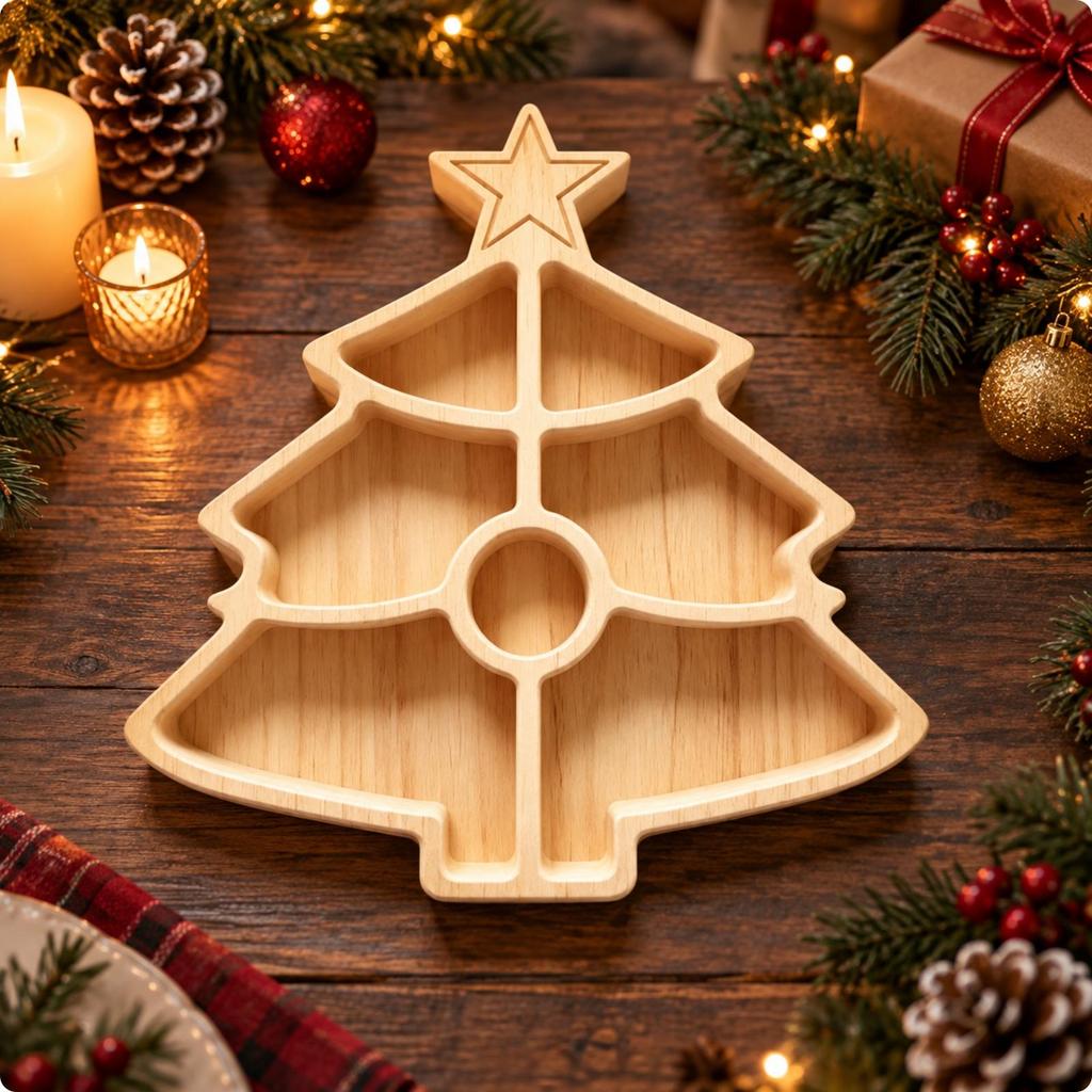 Wooden Christmas Divided Tray Wood Finish Holiday Snack with Raised Edges Festive