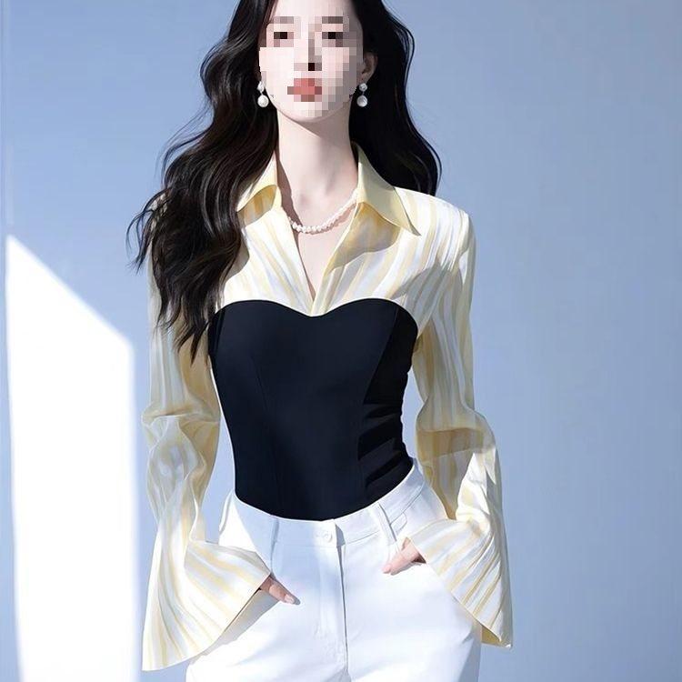 Spring New Blue Stripe Faux Two Piece Shirt With 3d Pattern For Office Wear Women