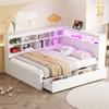 Massivholz-Sofa 140*200cm, Extra Große Schubladen, USB-Steckdose und LED-Lichtleiste, Regale und Staufächer, Multifunktionales Doppelbett, Weiß