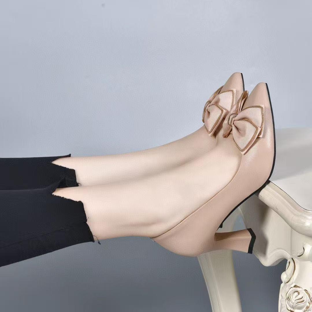 

Туфли на высоком каблуке с заостренным носком, мягкие кожаные туфли с толстым каблуком и неглубоким носком, женские, универсальные, с одной педалью, рабочие туфли с высоким каблуком 40 абрикосовый