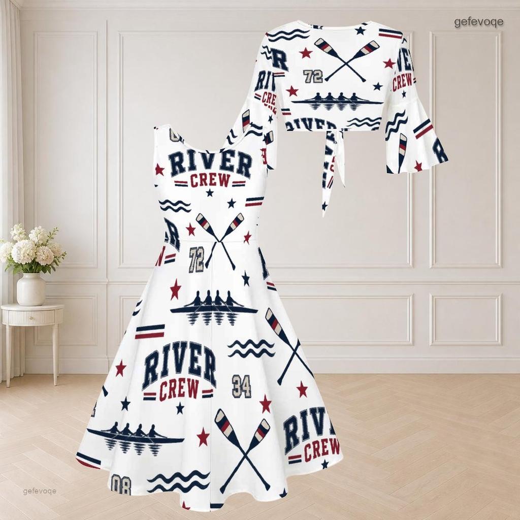 Women Plus Size Sleeveless Two Piece Midi Dress Set Tie Front V Neck 3 4 Sleeve Hiking Print White