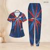 Women Plus Size Colorful Abstract Wave Star Print Scrub Set Short Sleeve V Neck Top And Wide Long Pants Medical Suit