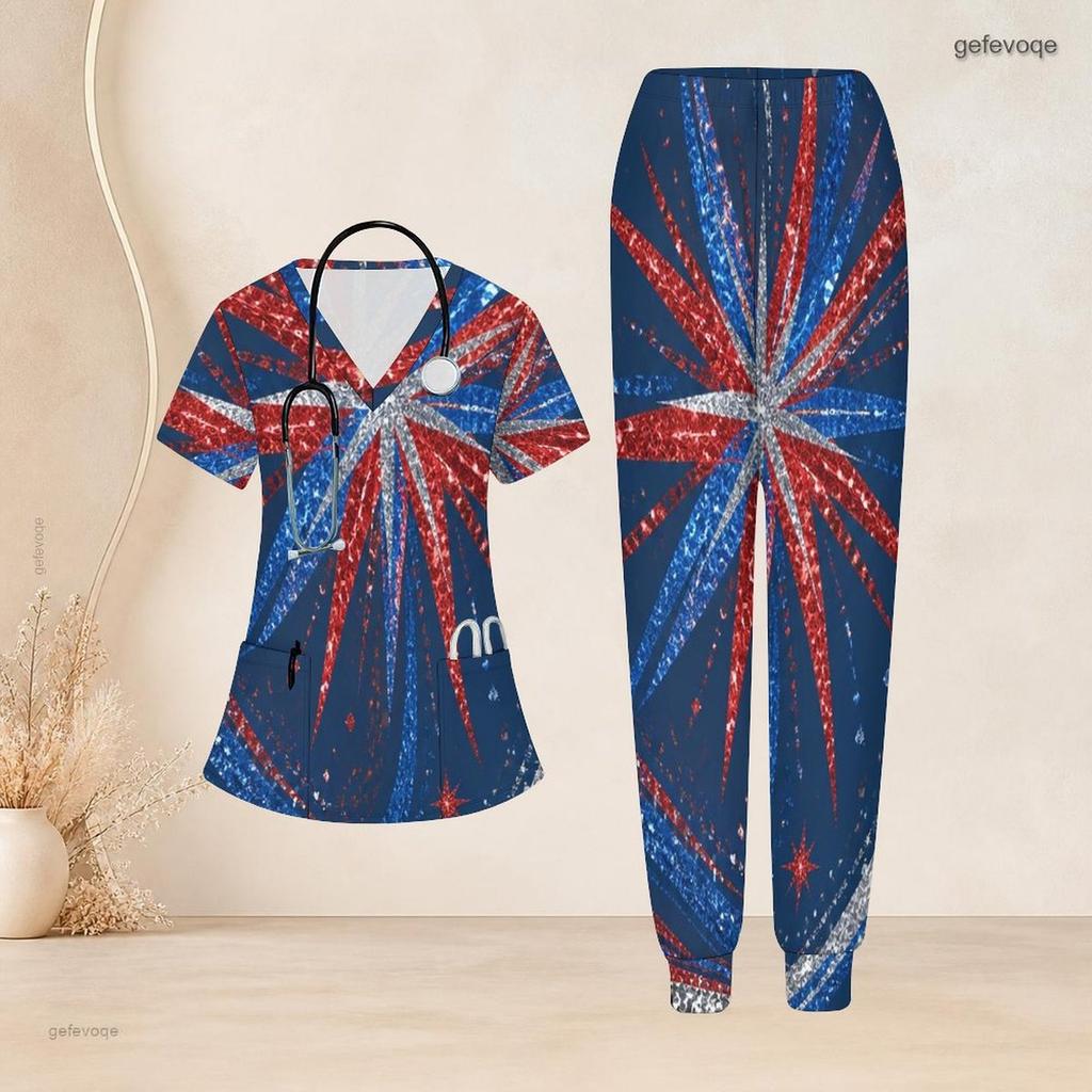 Women Plus Size Colorful Abstract Wave Star Print Scrub Set Short Sleeve V Neck Top And Wide Long Pants Medical Suit