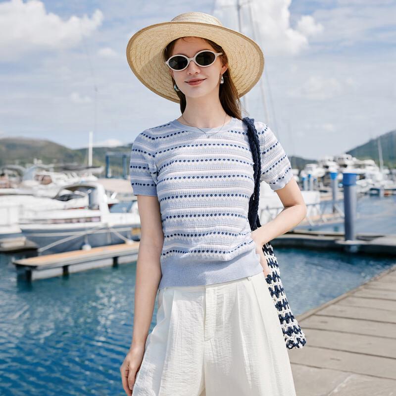 Women's Striped Embroidered Knit Short-Sleeve Top