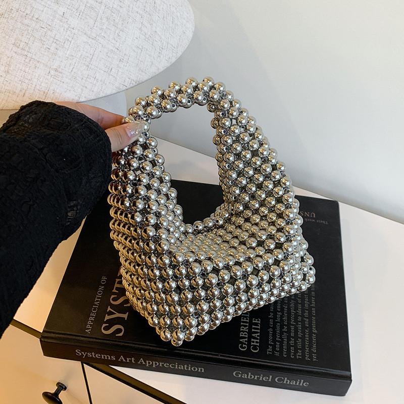 Pu Beading Woven Small Clutch Bag Pearl Embellishments Internal Parties Pocket