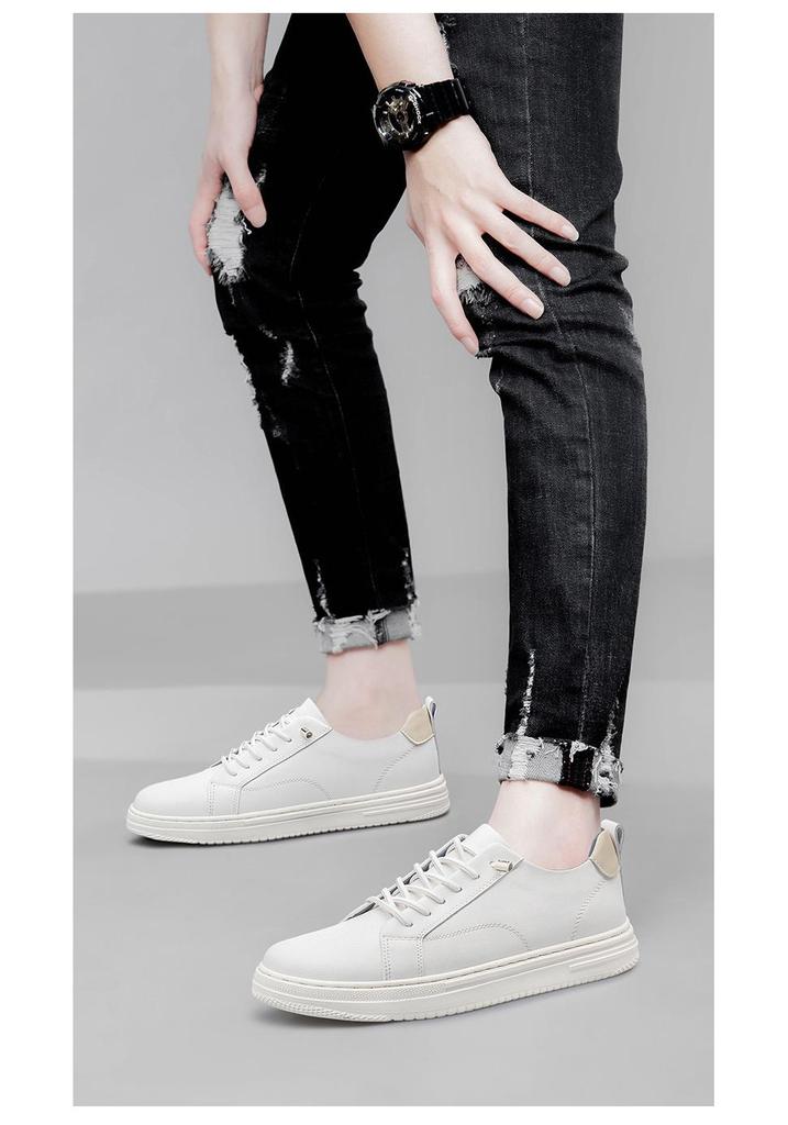 Men's White Leather Low-Top Sneakers - Casual Round Toe