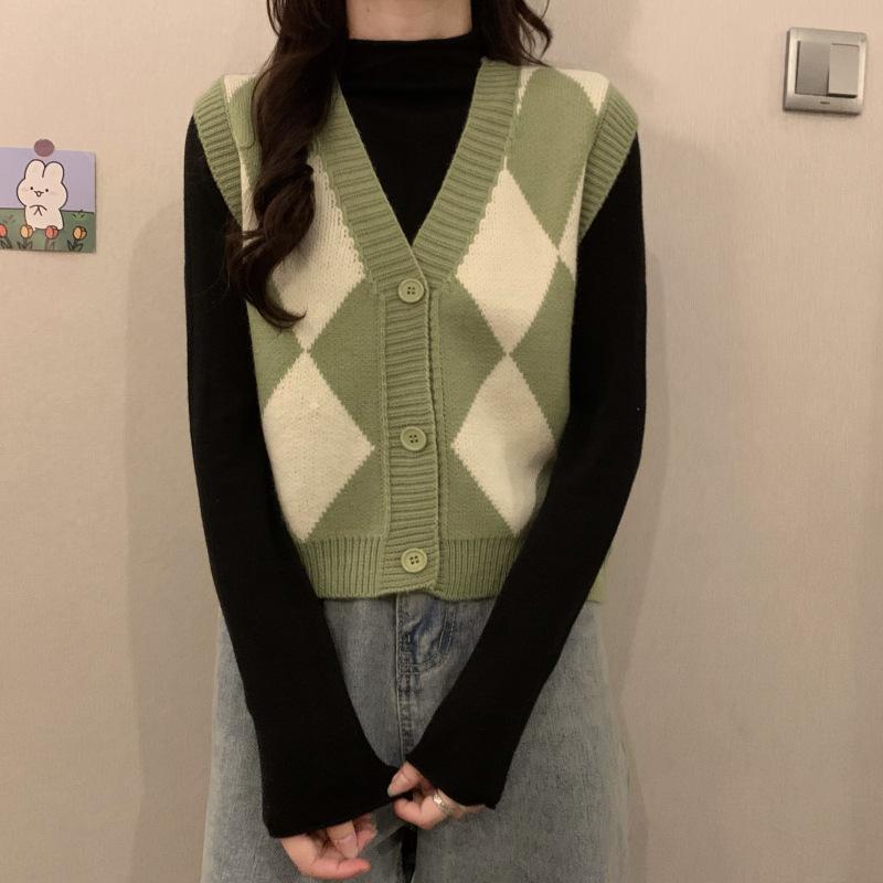 Women's Green Y2K Vintage Knitwear Sleeveless Argyle Knit V-Neck Blouse Tops Vest Sweater Korean Style Cardigan For Women
