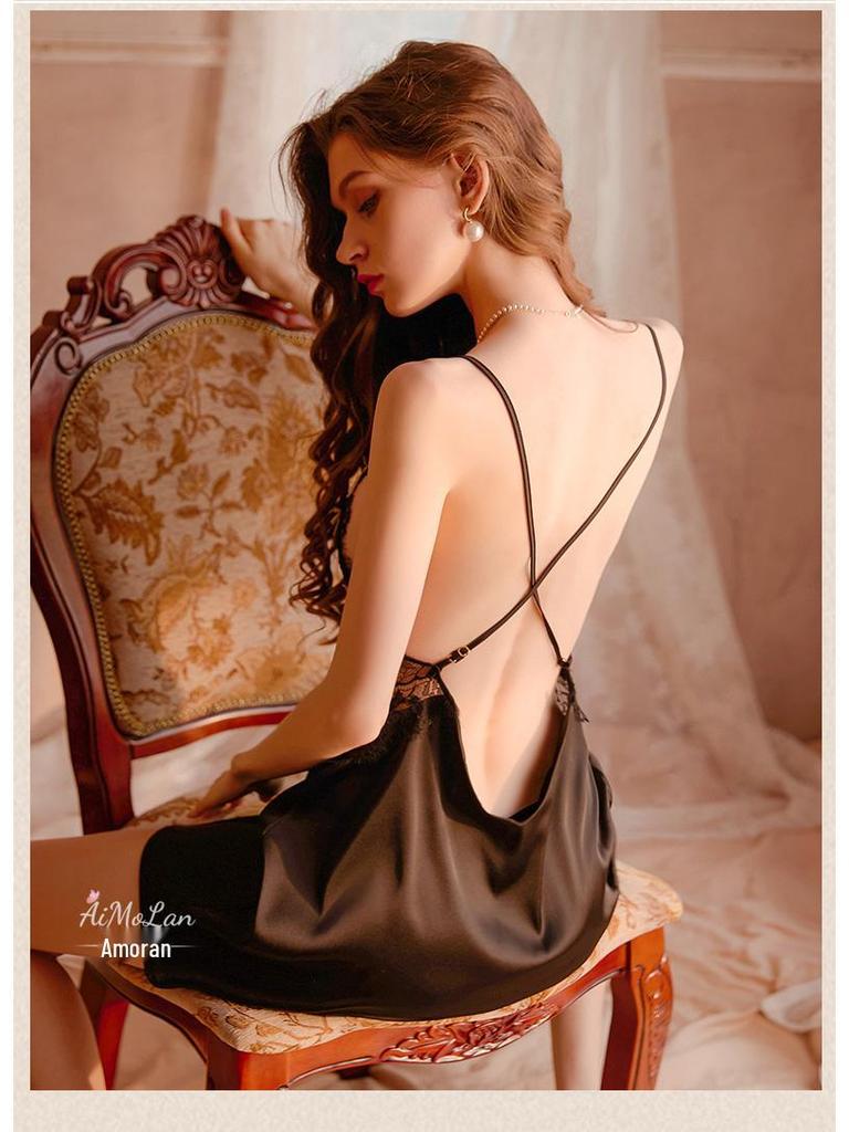 Meishilan Eis Seide Spitze Träger Nachthemd mit Brustpolster - Verspielte Herbst Nachtwäsche Damen 168