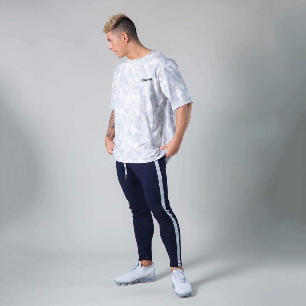 Musgneer Men's Gym T-Shirt, Stretch Short Sleeve, Fitness, Training, Muscle Training, Sports, Stylish, Oversized, Camouflage White, Size M
