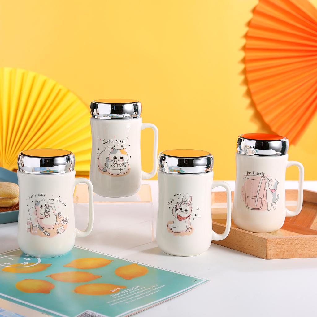 Søt Tegneserie Keramisk Speil Isolasjon Melk Vannkopp Kreativ Kaffe Par Pluss Formulering Med Lokk