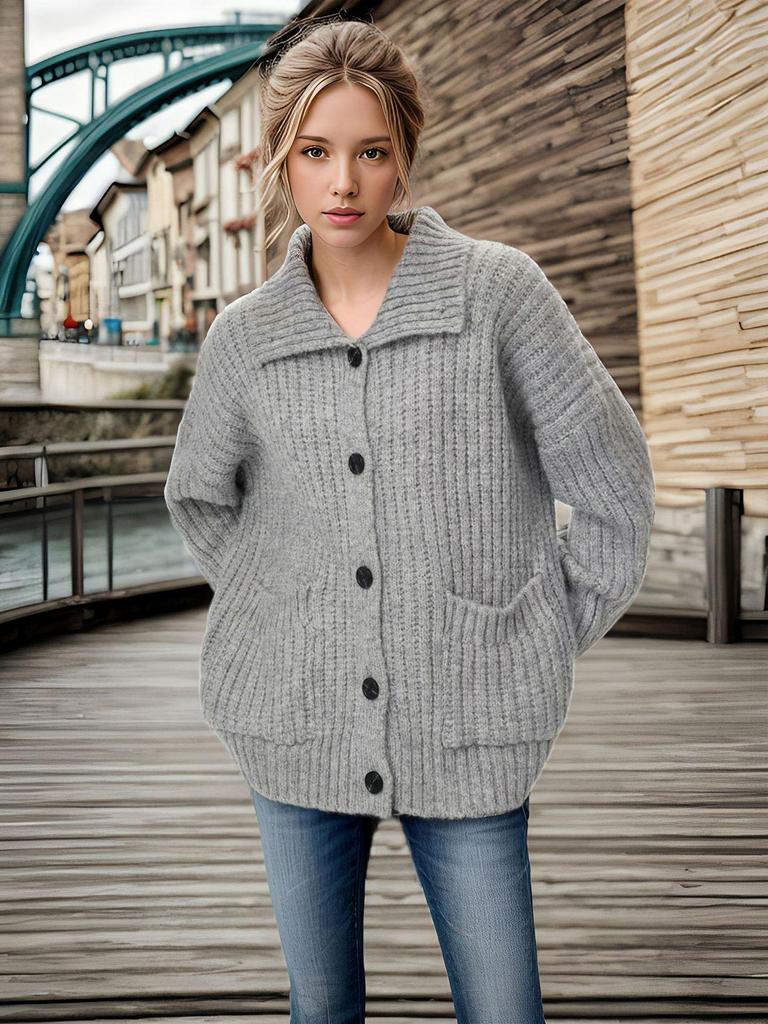 Autumn/Winter Women's Knit Cardigan with Stand-Up & Turn-Down Collar