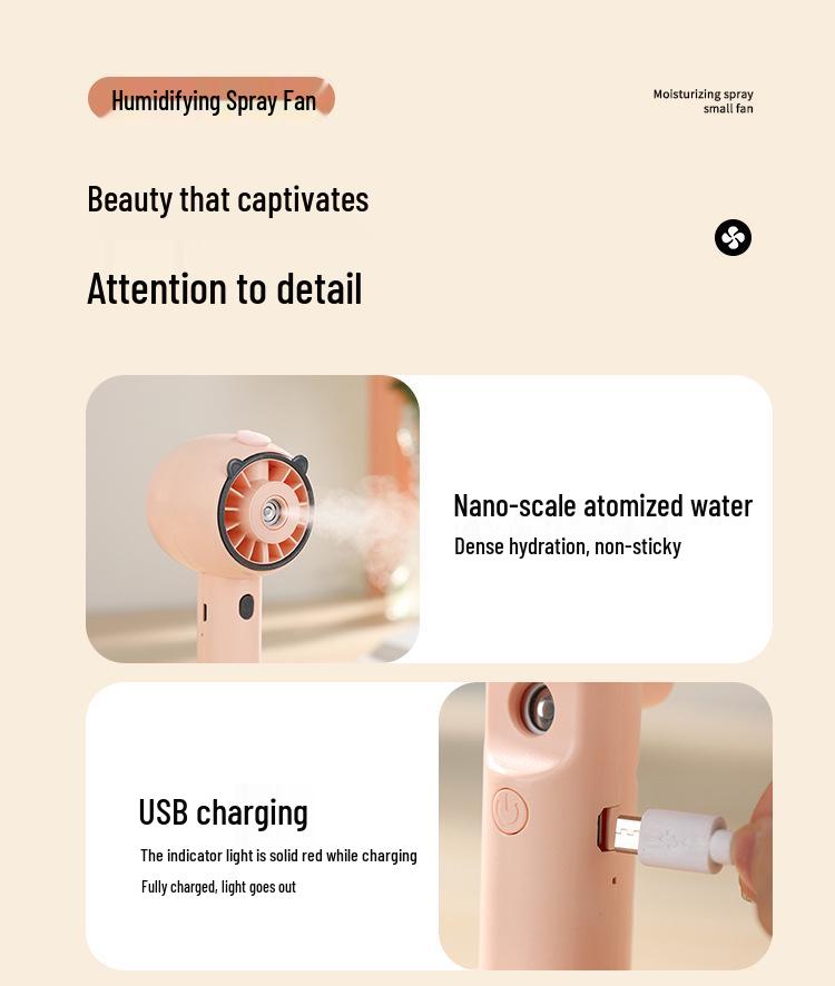 Cartoon Mini Handheld Humidifying Fan with USB Charging