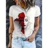 European Sizes Women'S T-Shirt - Red Rose & Woman Face Graphic, Casual Round Neck Short Sleeve, Breathable All-Season Comfort