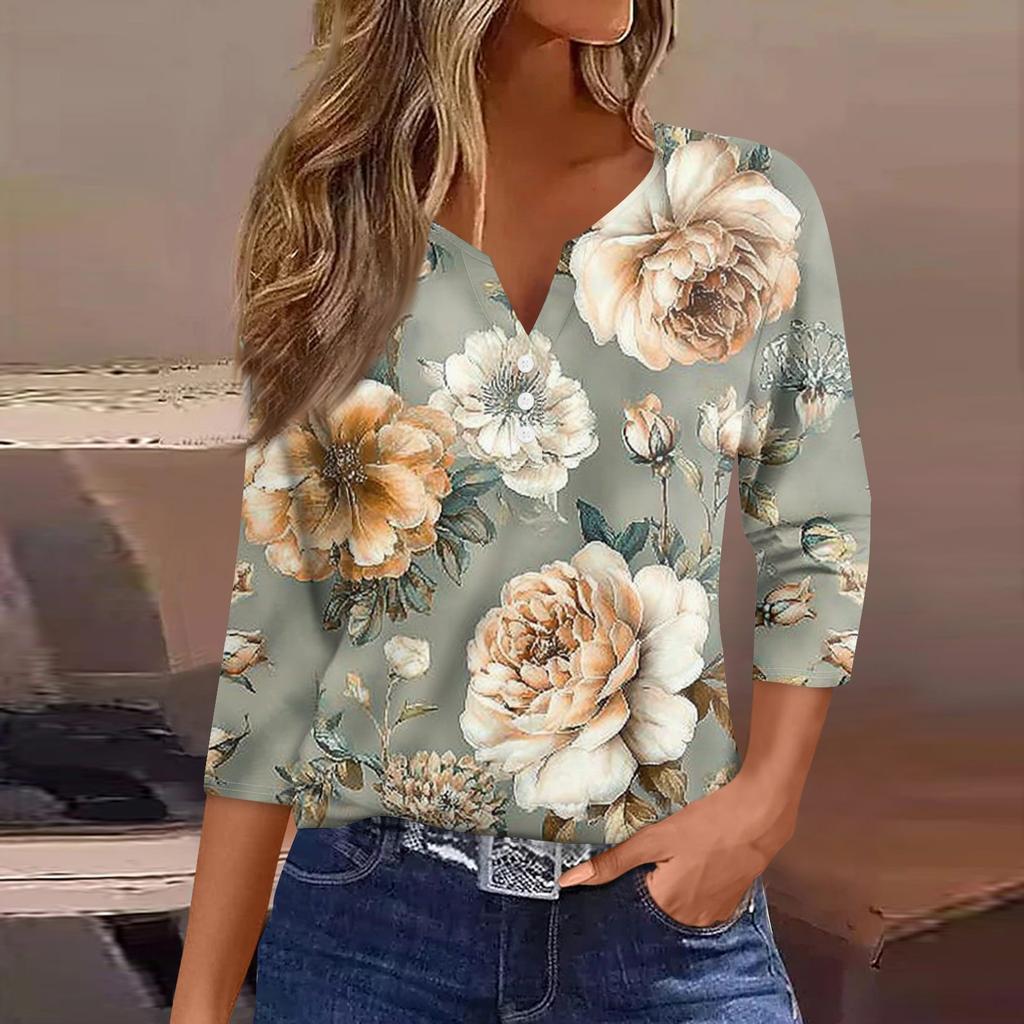 Women's Fashion Casual Floral Print V-Neck Decorative Button Three-quarter Sleeve T-Shirt Top