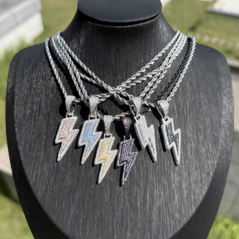 Hip Hop Blitz Anhänger Halskette Mit Zirkonia Akzenten Kupfer Kette Zweifarbig Gold Platin 60cm Geometrischer Schmuck