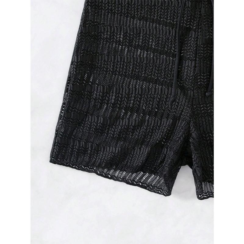 Women High Waist Knit Beach Shorts Black Sheer Mesh Hollow Out Swim Shorts with Drawstring