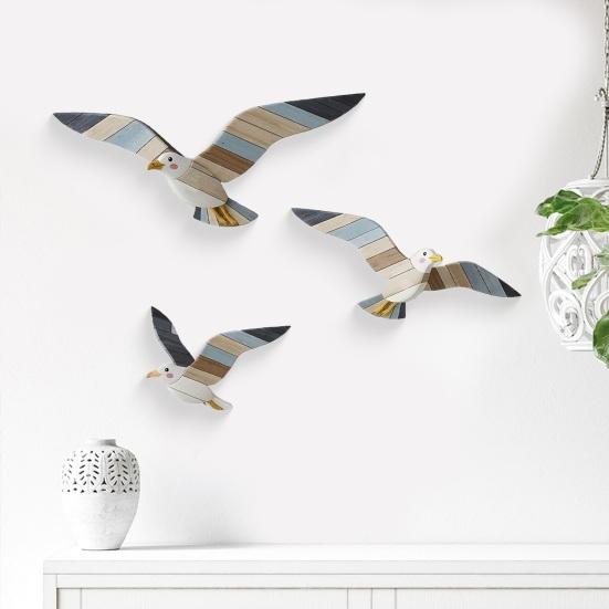3Pcs/Set Wooden Seagull Wall Decoration Farmhouse Rustic Nautical Sea Bird Wall Art Sculpture Home Living Room Bathroom Wall Decorative Sign