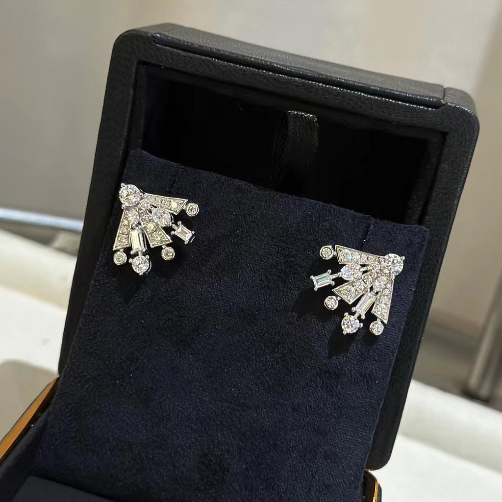 New Vintage 100% Pure 925 Sterling Silver Earrings Pave Aaa Zircconia Fan Shape Ear Stud For Women Luxury Fine Jewelry