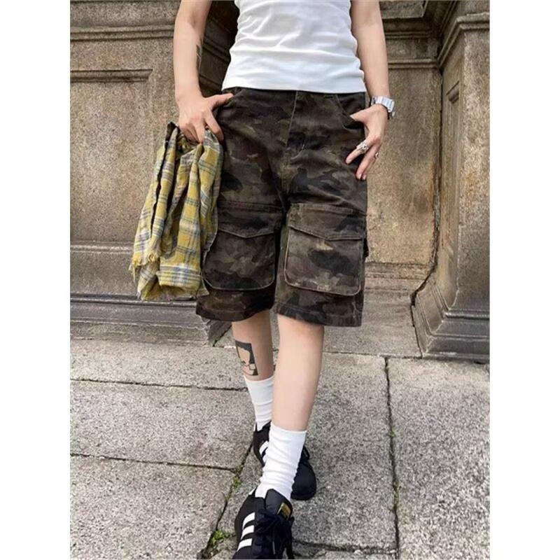 

American Retro High Waist Camo Five-Point Wide Leg Multi-Pocket Loose Work Pants XL: Height 155-165CM (121-131 lbs)