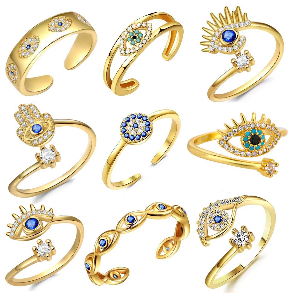YILUOCD Blue Cubic Zirconia Evil Eye Open Ring for Women Turkish Devil Eyes Stackable Adjustable Rings Jewelry for Protection