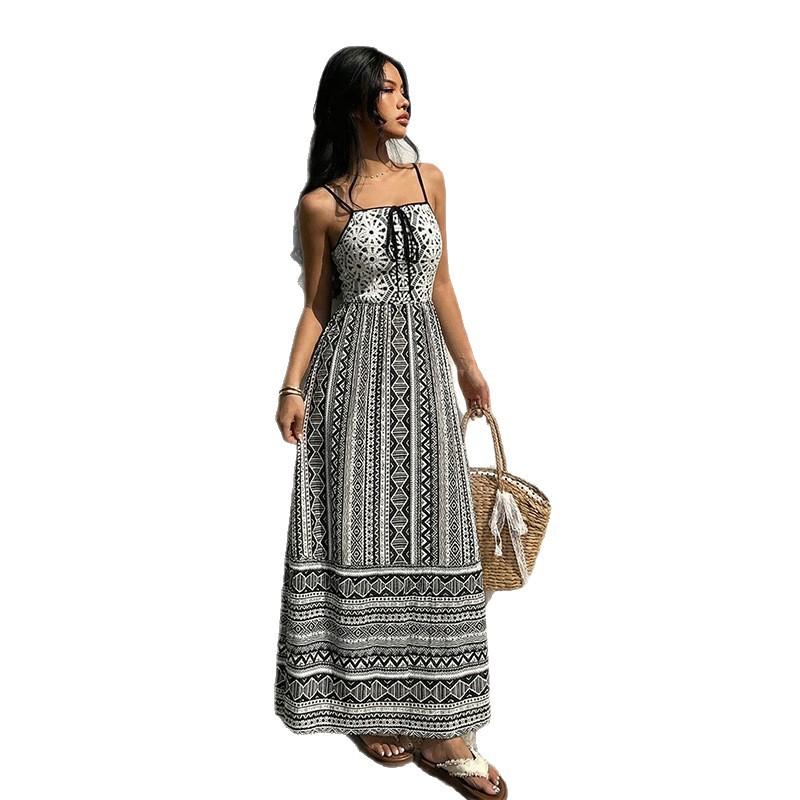 Geometric Print Halter Top Dress - Summer New Style Halter Top Dress - High-waisted Vacation Length Dress