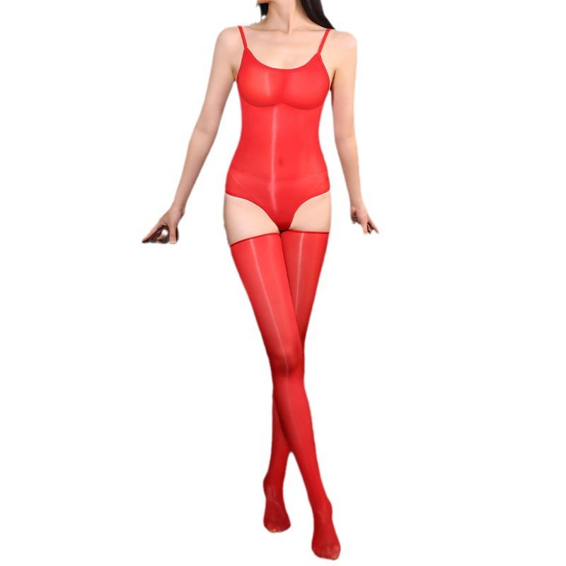 Shiny Sling High Fork One-Piece Swimsuit Seamless Sexy Tights Sexy Open Crotch Stockings Sukumizu Suit Plus Size