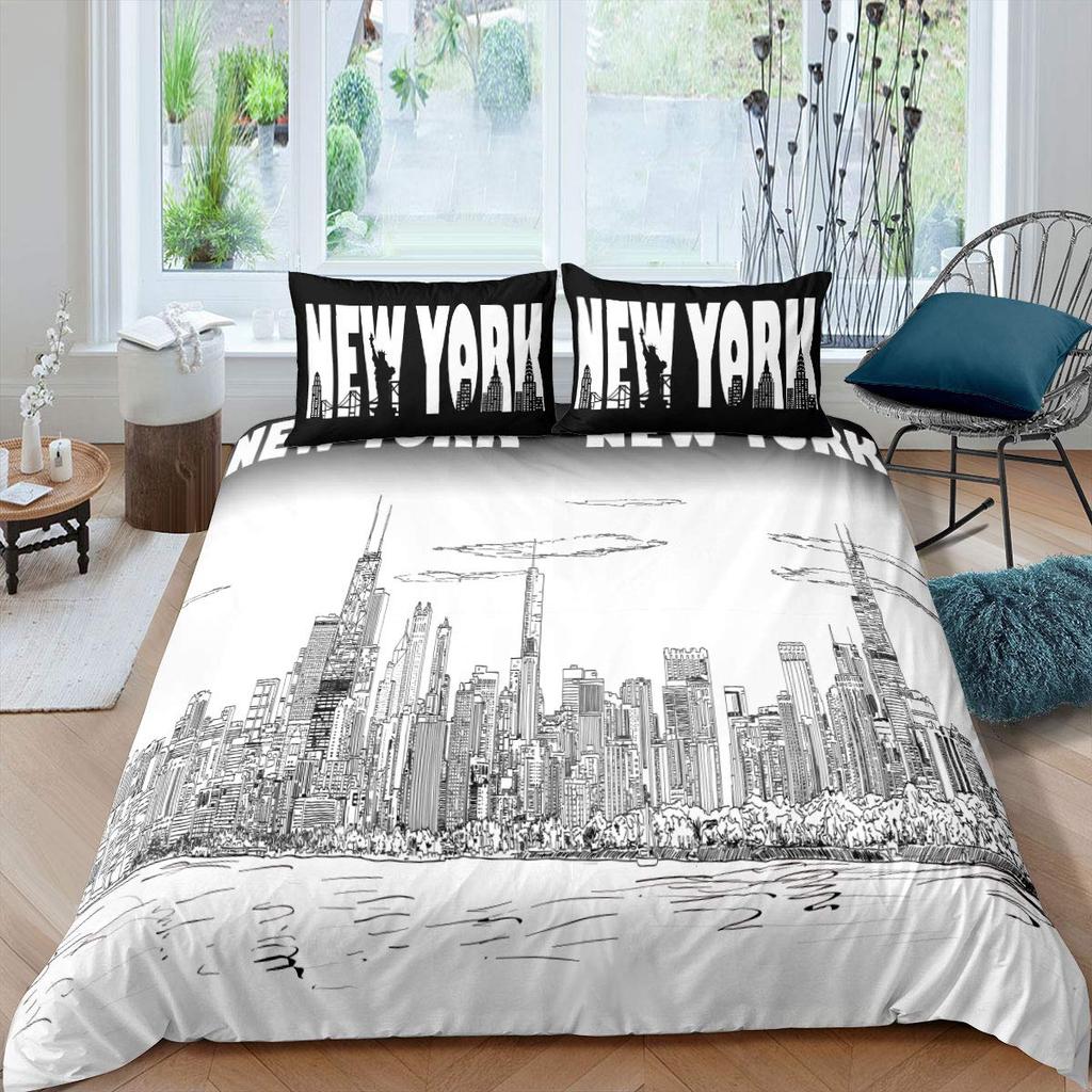 City Building Beding Set New York Theme Warm Comforter Cover Soft Duvet Cover for Children Kids Tens Adult Peoples Men Featuring 2 Pilow Bedrom