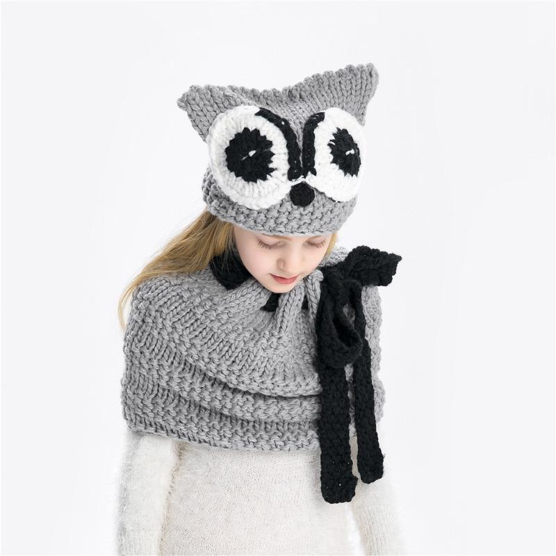 Autumn and winter children's hats, owls, scarves, two-piece sets, warm neck protectors, animal crochet wool hats