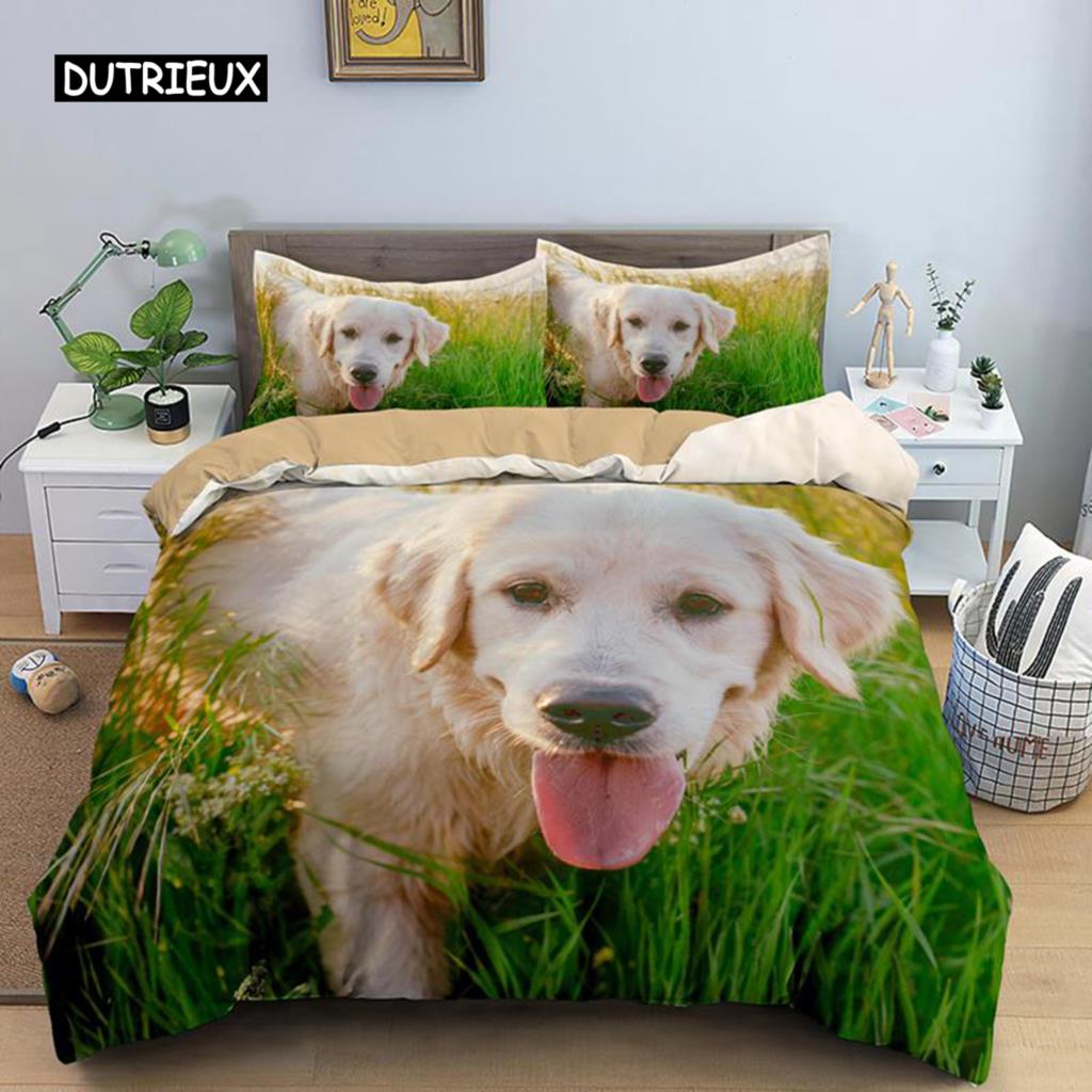 Dog Duvet Cover Set Golden Retriever Queen Size Bedding Set for Boys Girls Microfiber 3D Pet Themed Animal Funny Dog Quilt Cover