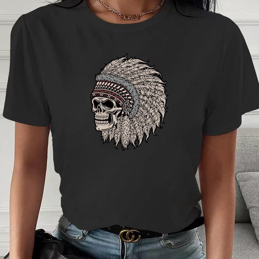 2023 Fashion Trend New T-shirt Skull Printed Female O-neck T Shirt Casual Harajuku Crew Neck  Ladies Tshirt Hip Hop Streetwear