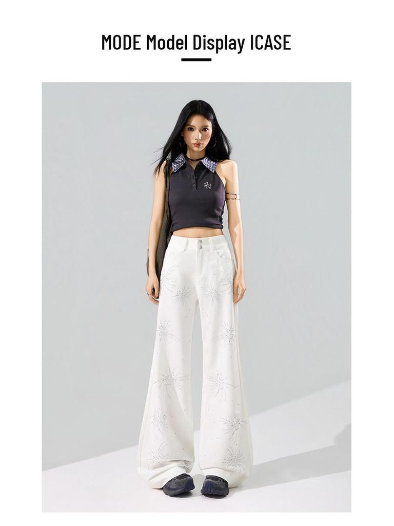 Fireworks Flash Rhinestone Anti-Wrinkle Four-Way Stretch Micro-Flare Casual Pants