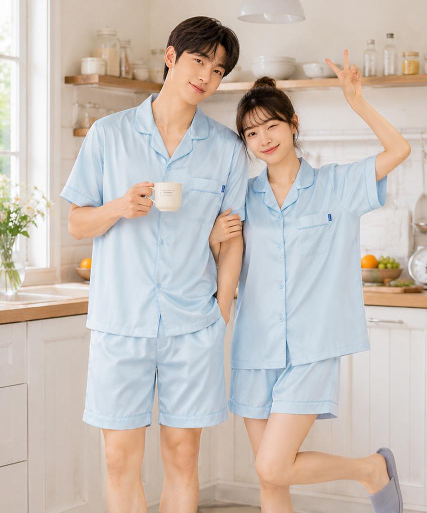 PALAN Clear Silk Couple Short-Sleeve Pajamas Cool Summer Pajama Top And Bottom Set