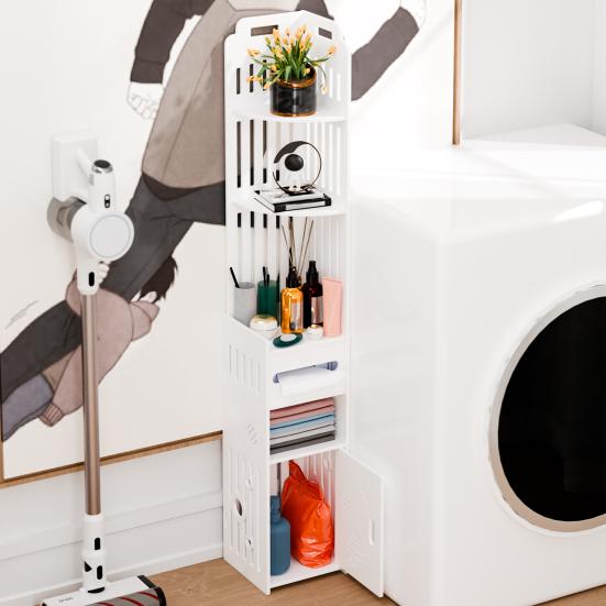 Small Bathroom Storage Cabinet Cabinet, Over The Toilet for Skinny Rack Corner Floor, Narrow with Paper Dispenser, Trash Can & Shelves (White)